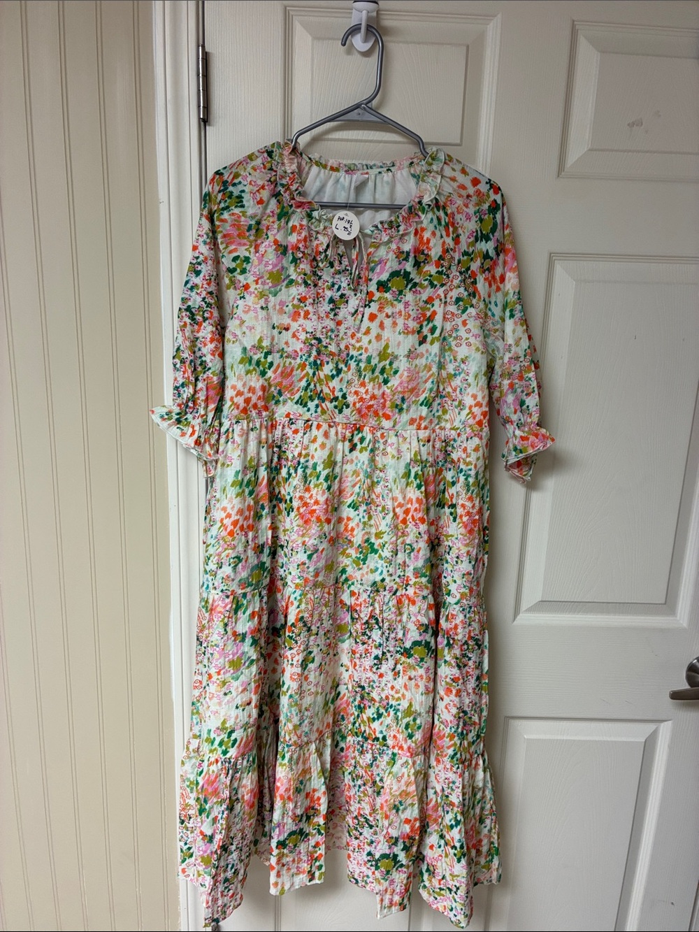 Floral Tiered Midi Dress in White with Pink & Green Print
